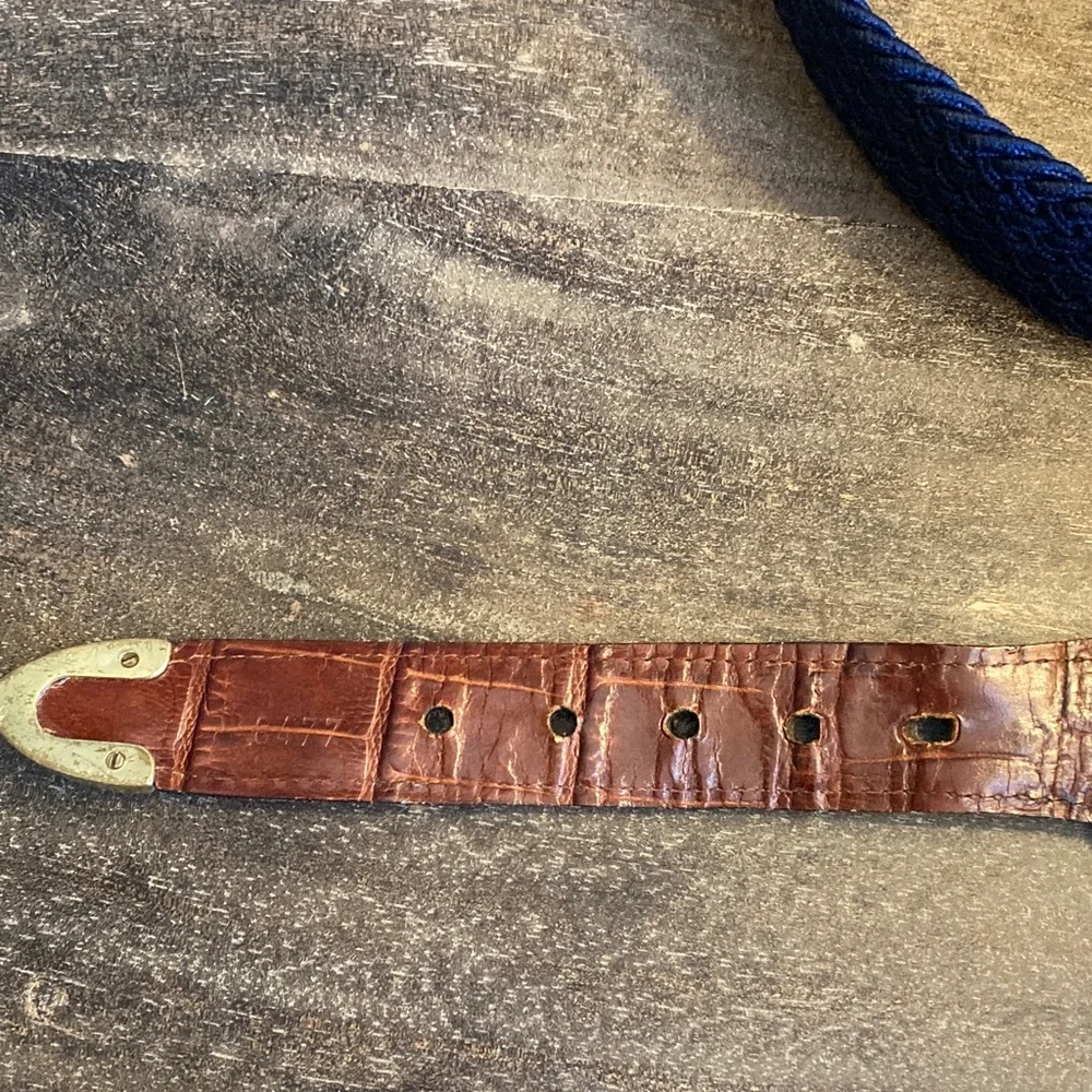 Men's Blue Brown‎ Stretch Woven Belt Size 46 Preppy Casual Classic Brass Buckle